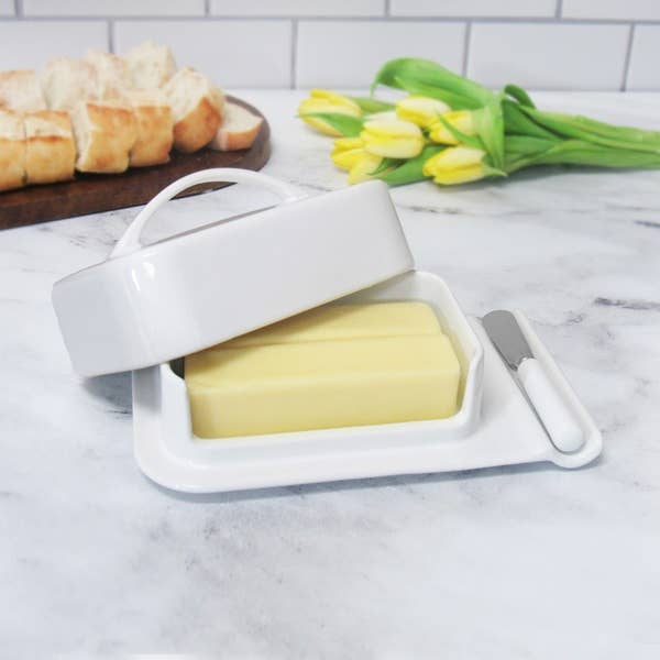 Porcelain Mess-Free Butter Dish w/ Matching Spreader - White